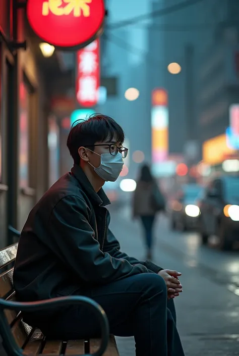 highest quality, Highest image quality, High resolution, photorealistic, raw photo,  Extremely detailed CG unified 8k wallpaper )), a 25 year old Korean male student, wearing glasses,wear a face mask,  sitting on a street bench in the prostitution localisa...