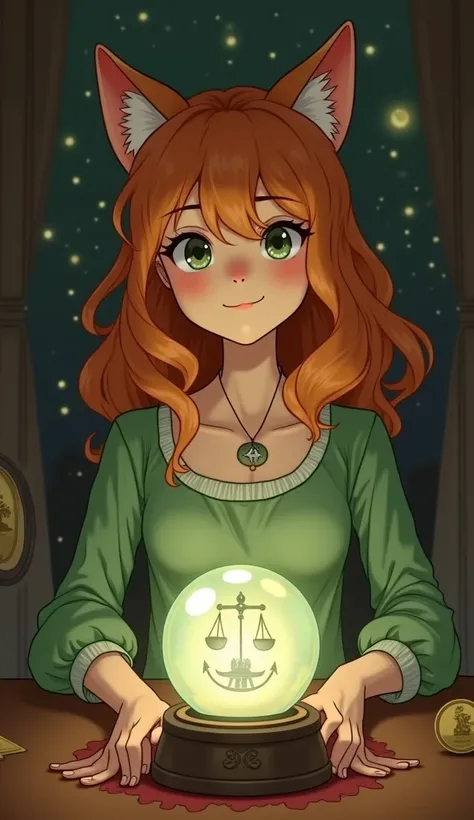 Cat girl:fortune teller、
A beautiful, bright face with a smile on her face、
 bronze hair with cheese、
It looks like fortune telling on a table with one crystal ball that is crystal clear in the stardust room、
Light Green Dress、
Libra symbol on crystal ball...