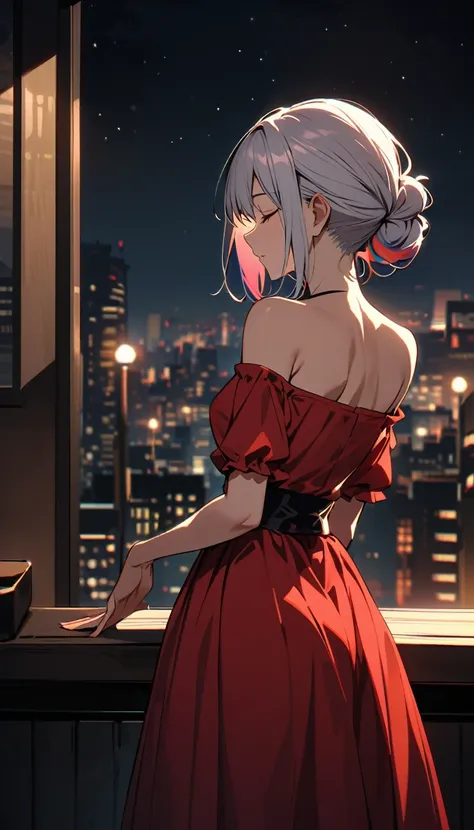 HD 8k Handsome sexy-cute, Solitary, 1 HD-8k Human focus female, Medium Length Hair, white hair, ponytail Rainbow hair bun, closed Eyes, R&B Relaxing stile, vibrant, cityscape, night, sexy red dress,