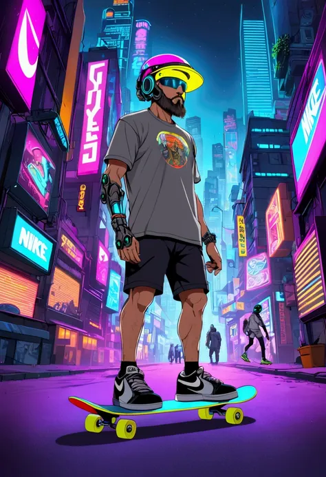 A, old cyborg (gray hair and beard, 80s pop culture tshirt and shorts, male, nike shoes, cyber arms and legs, fancy neon helmet and visor, calm, a few high tech gizmos) skateboarding through a cyberpunk neon trimmed city
