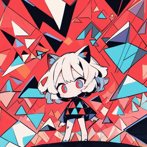 geometric sky,1girl\((catgirl:1.2),cat ear,cat eye,cute, kawaii,chibi,hair floating,hair shining brightly,curly hair,short hair,messy hair,eye color cosmic,big eyes,pale skin,(dynamic angle:1.4),standing,from below,from far),background\(red sky,sky is geometric,geometric clouds in the geometric sky,simple\),from below,long view