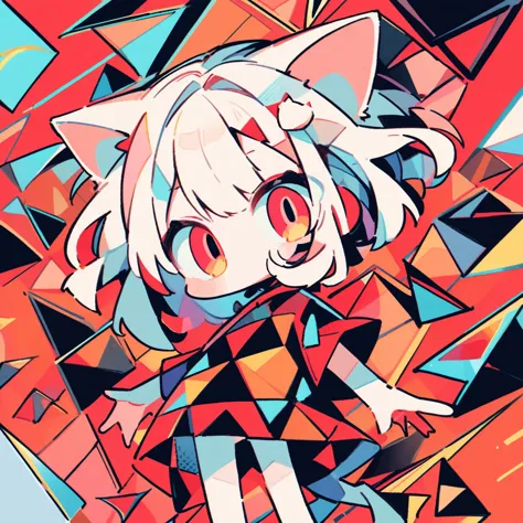 geometric sky,1girl\((catgirl:1.2),cat ear,cat eye,cute, kawaii,chibi,hair floating,hair shining brightly,curly hair,short hair,messy hair,eye color cosmic,big eyes,pale skin,(dynamic angle:1.4),standing,from below,from far),background\(red sky,sky is geometric,geometric clouds in the geometric sky,simple\),from below,long view