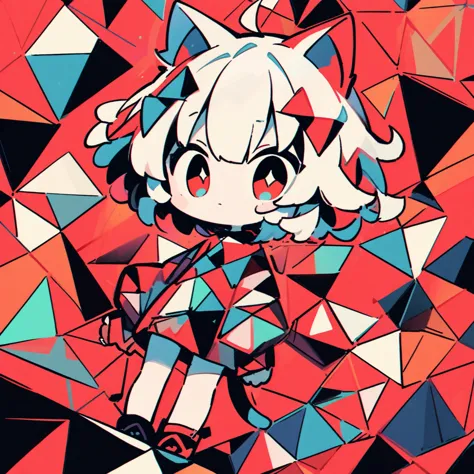 geometric sky,1girl((catgirl:1.2),cat ear,cat eye,cute, kawaii,chibi,hair floating,hair shining brightly,curly hair,short hair,messy hair,eye color cosmic,big eyes,pale skin,(dynamic angle:1.4),standing,from below,from far),background(red sky,sky is geomet...