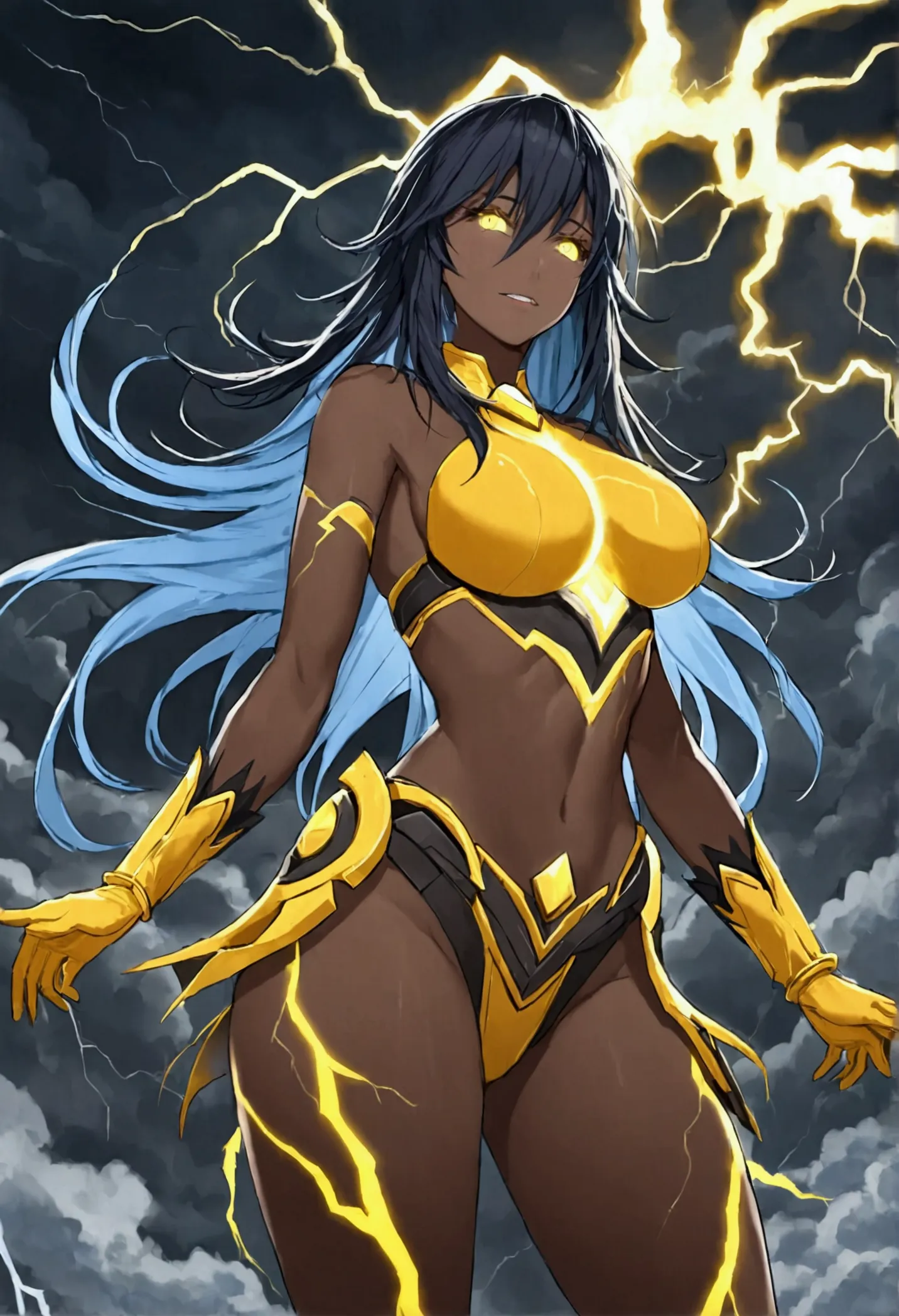 ((detailed beautiful dark skin anime thunder goddess)) curvy thick slim figure, ((dark yellow glowing weather storms in the back...