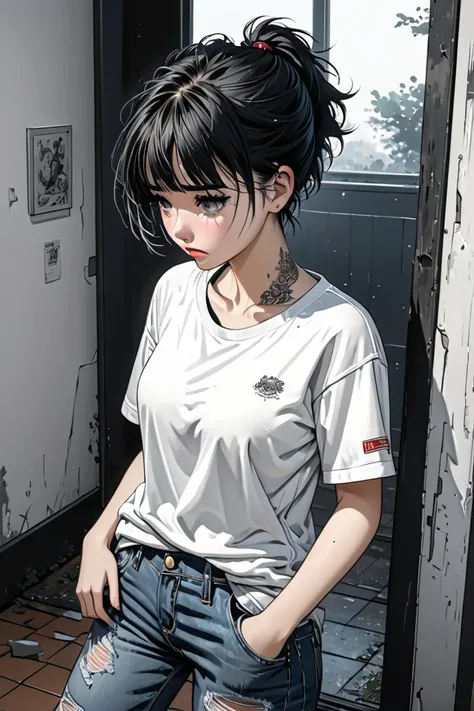 illustration, detailed illustration, ultra detailed, 25 year old girl, short hair, messy hair, black hair, gray eyes, neck tattoo, white t-shirt, torn jeans, tired, haggard, looking down, embarrassed, standing in doorway