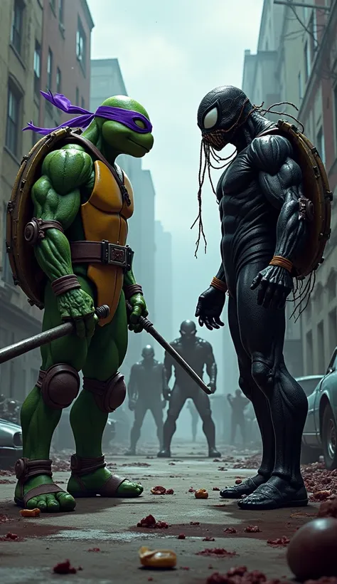 Donatello and Spider-Man (Symbiote Suit/Black Suit Spider-Man) facing each other in zombie style