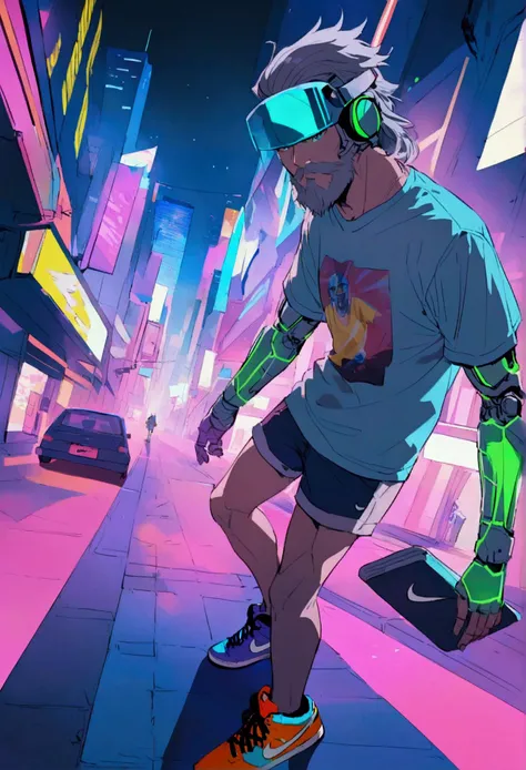 A, old cyborg (gray hair and beard, 80s pop culture tshirt and shorts, male, nike shoes, cyber arms and legs, fancy neon helmet and visor, calm, a few high tech gizmos) skateboarding through a cyberpunk neon trimmed city
