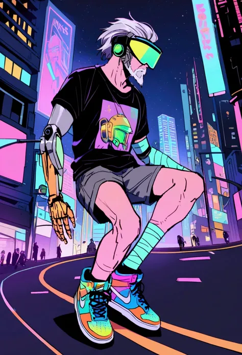 A, old cyborg (gray hair and beard, 80s pop culture tshirt and shorts, male, nike shoes, cyber arms and legs, fancy neon helmet and visor, calm, a few high tech gizmos) skateboarding through a cyberpunk neon trimmed city
