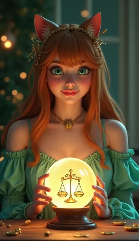 Cat girl:fortune teller、
live-action、
A beautiful, bright face with a smile on her face、
 bronze hair with cheese、
It looks like fortune telling on a table with one crystal ball that is crystal clear in the stardust room、
peppermint green dress、
Libra symb...