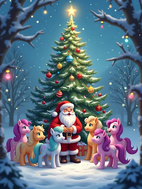 I want "des poneys" with "Santa Claus" with "les lutins" with "A Christmas tree "