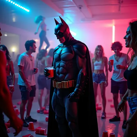  Batman at a wild house party inspired by "Project X," with a chaotic and intense atmosphere. The scene shows Batman surrounded by a young, energetic crowd, with colorful flashing lights, people dancing, and red party cups scattered across the floor. The s...