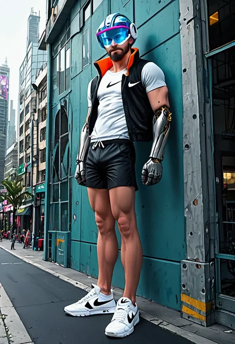 A, old cyborg (gray hair and beard, 80s pop culture tshirt and shorts, male, nike shoes, cyber arms and legs, fancy neon helmet and visor, calm, a few high tech gizmos) skateboarding through a cyberpunk neon trimmed city
