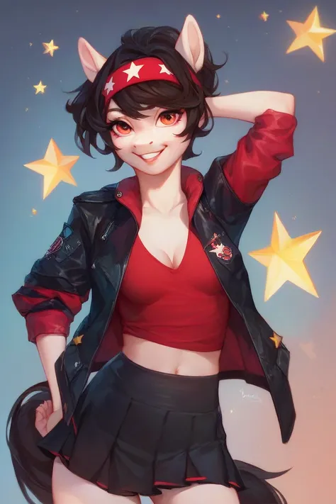 (1girl:1.2), black_hair, (pony_tail:1.2), red_star_shpaed_headband, (small_breasts:1.1), (jacket, t-shirts, skirt:1.2), (black_jacket, red shirts, black_skirt), 영화 각도, 야외, 초겨울, slight_smile, cleavage