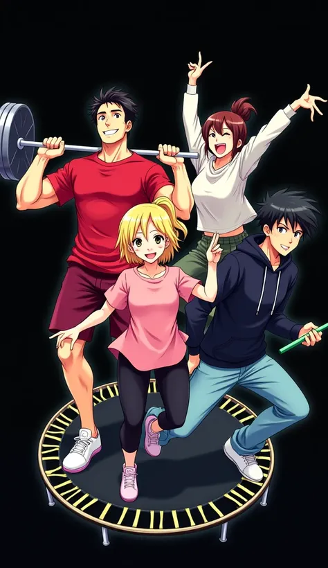 promotional poster, bright colors, best quality, masterpiece, plain black background, modern anime characters, group image of four people. two men and two women, different dynamic action poses, happy faces, extremely energetic, looking front, first handsom...