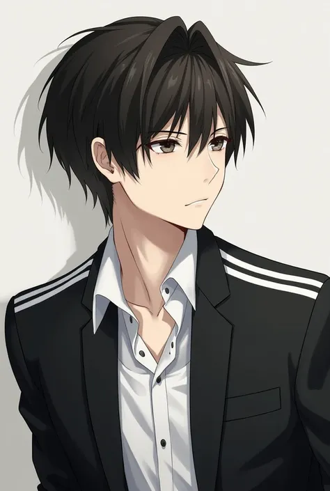 Shinichi Sakurai wearing a white shirt and a black jacket with two white stripes on each arm of the hand 

