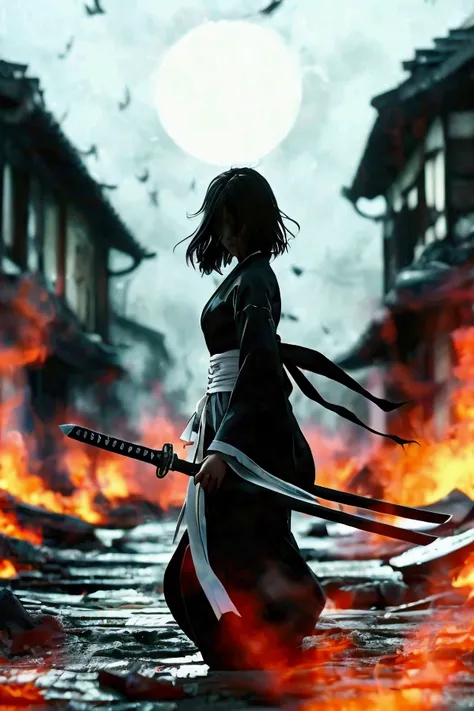 Kubo Taito、bleach 、 Kuchiki Rukia 、 black hair、female、grim Reaper、knife、Black kimono、 A white aura is wrapped around the body、 white light is flying around 、 The background is a ruined village ravaged by demons 、Its burning all over 、16k、 super high defini...