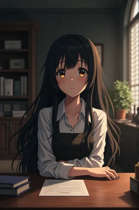 wide shot, long wavy, black hair, girl, office and desk, attack on titan anime style, WIT studio style