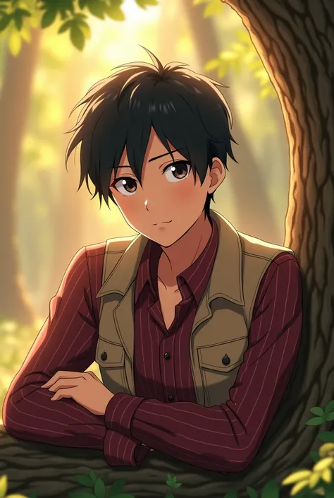 Anime-inspired, A close-up portrait of a young man with a warm complexion and soft facial features, resting his arms on a textured tree trunk. He is wearing a maroon pinstriped shirt with long sleeves and a beige utility vest draped over his shoulders. His...