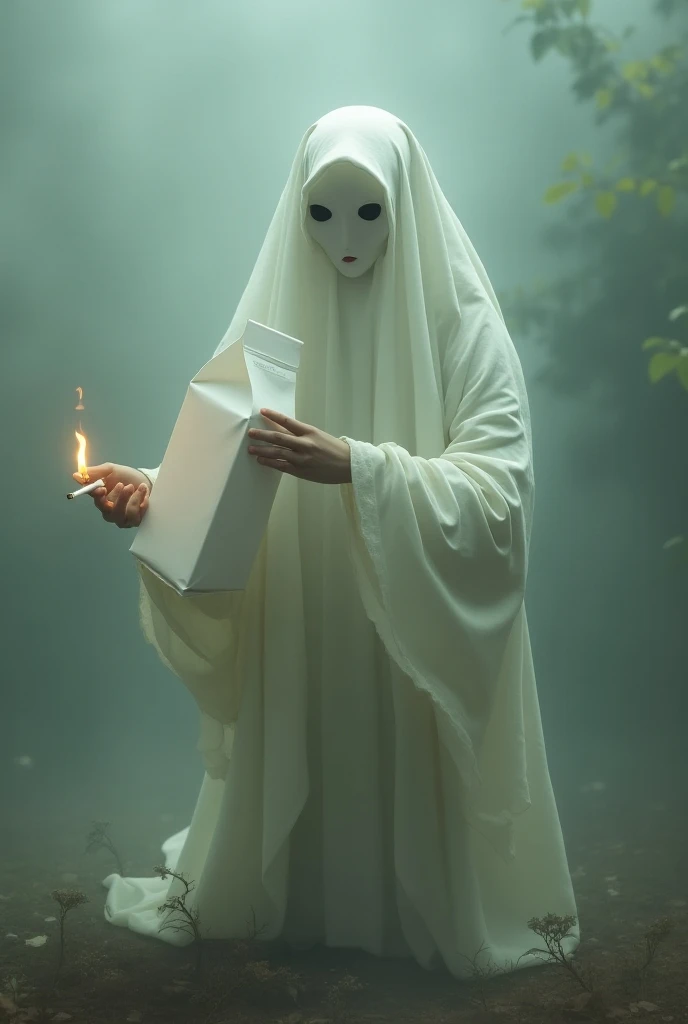 Ghost pocong her big milk while holding a cigarette 