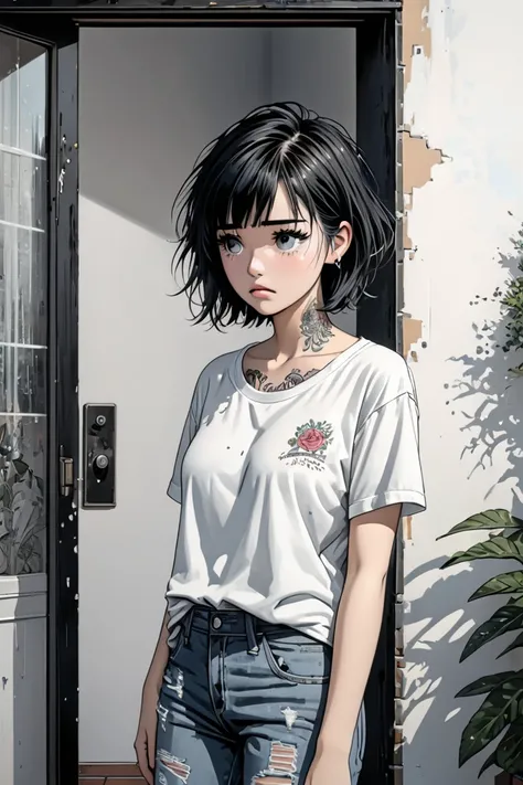 illustration, detailed illustration, ultra detailed, 25 year old girl, short hair, messy hair, black hair, gray eyes, neck tattoo, white t-shirt, medium breasts, torn jeans, tired, haggard, looking down, embarrassed, standing in doorway of nice house