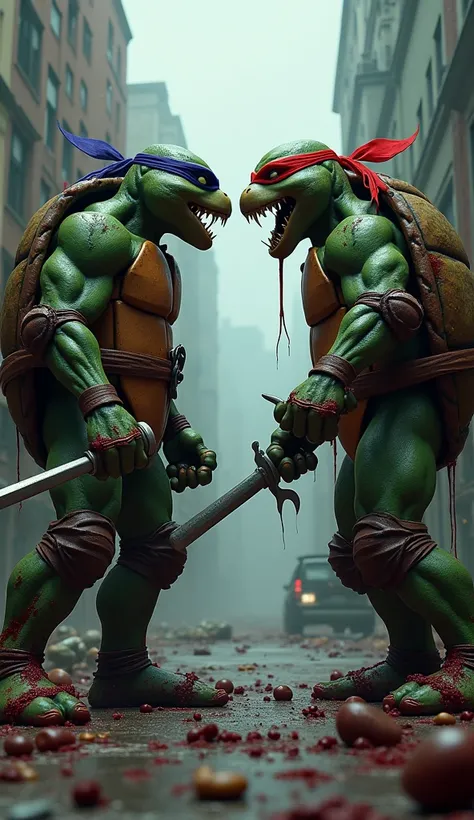 Donatello and Raphael (Teenage Mutant Ninja Turtles) facing each other in zombie style