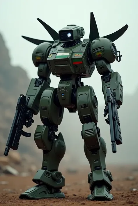   a military robot

He has a futuristic bulletproof vest on his chest , , its head resembles a security camera.

And he has little things on his head , one on each side, In addition to having a jectpack and wings on Jetpack ,  not only that, but he also ha...