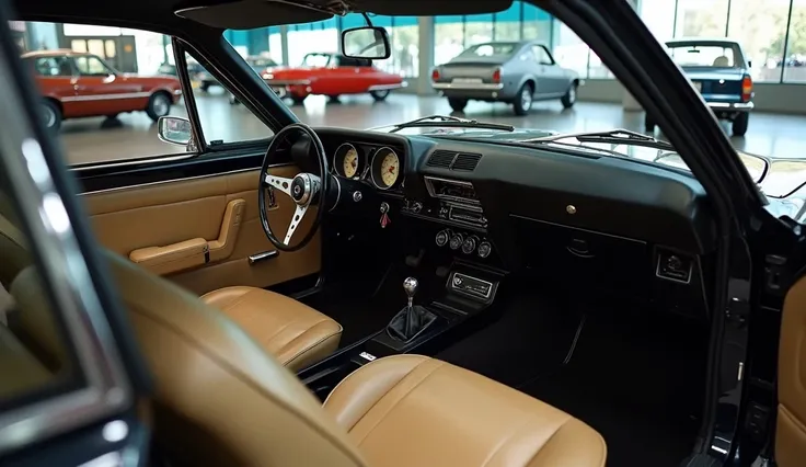 High-quality image of the  1970 old year model Ford Capri  interior black Color with a Car yet functional design, featuring a simple dashboard and classic analog gauges. The steering wheel has a retro style, with a clean, minimalist dashboard in a bright s...