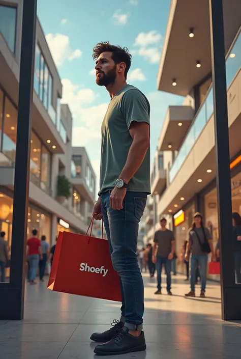 Create a hyper realistic image that Lionel Messi came out from a shopping mall and talking to the media about his satisfaction of the shopping. In his hand he carried a shopping bag, in that bag there is the shop name is shown named shoefy. The photo from ...