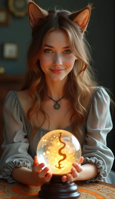 Cat girl:fortune teller、
live-action、
A beautiful, bright face with a smile on her face、
 bronze hair with cheese、
It looks like fortune telling on a table with one crystal ball that is crystal clear in the stardust room、
Light grey dress 、
 crystal ball w...