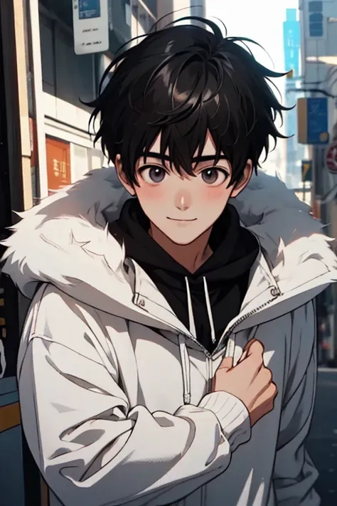 ultra-detailliert, Best Quality, finely detail, Anime Male, 1 Male, 18 years old, The face and eyes are very detailed, Detailed face, jet black eyes, Mans, Black hair, Medium Hair, Messy pointed hair, (White fur jacket with Black hoody), (Smile, blush, hap...