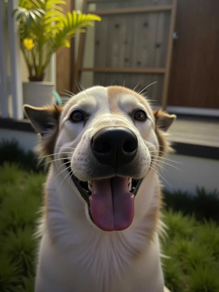 This image features a dog happily smiling with its tongue sticking out. The elements of the photo include Main Subject (Dog): A white and brown dog with short fur, appearing friendly and cheerful,Its tongue is sticking out, possibly indicating joy or catch...