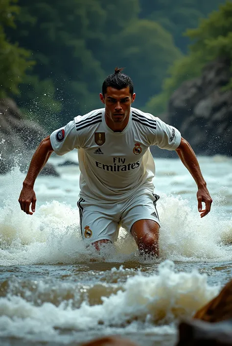 Ronaldo in real Madrid shirt passing through hard conditions as swimming through river