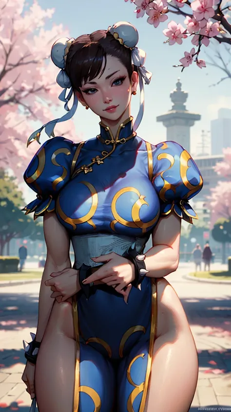 Realistic 1.2, ((Chun li)), ((thick thighs)), Wearing pink clothes with gold details, in the park enjoying the view, blue eyes, smiling