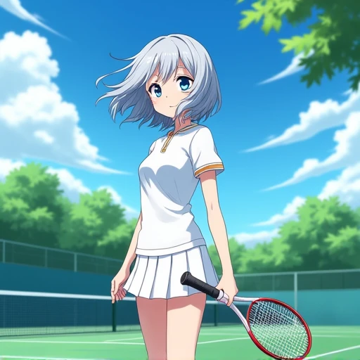 A charming anime game with short gray hair
High School Girl in the Wind
white hair short cut hair blue eyes tennis wear school tennis court tennis racket