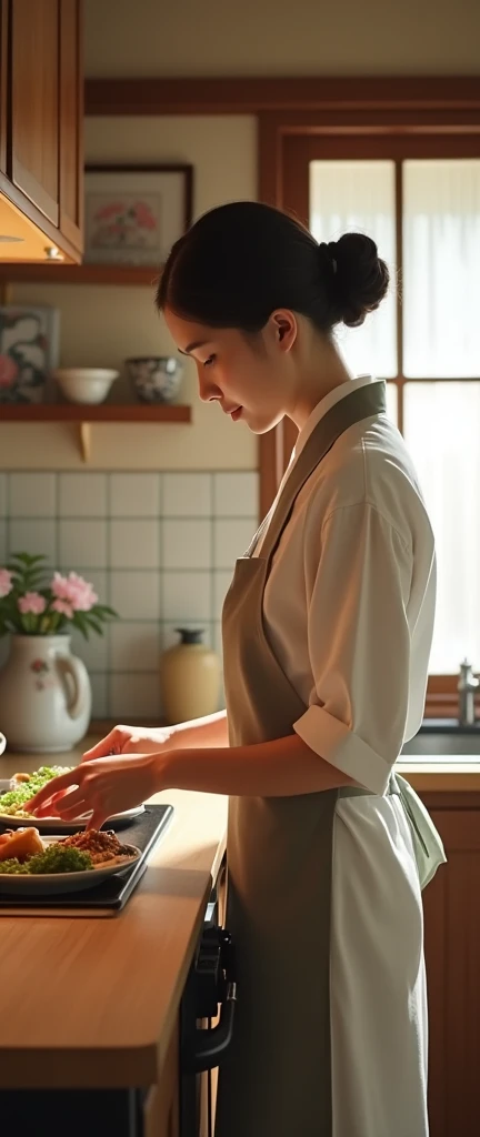 Just married Japanese house wife,29 year old cooking dinner, kitchen, updo hair style, side shot, full body shot,