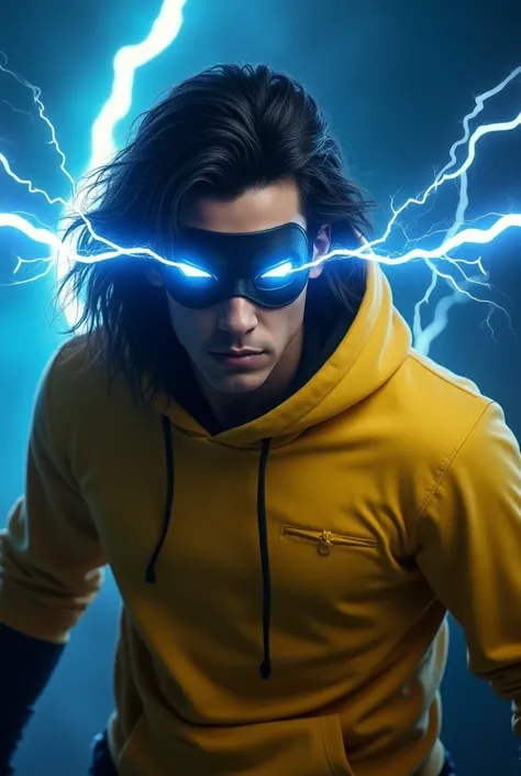  Make a vector logo like scout a  guy wearing yellow hoodie and wearing black COVID mask with lightning coming from it and also lightning coming from his eyes and he is badass and powerful want a realastic photo not cartoon cinematic tone and blue thunder ...