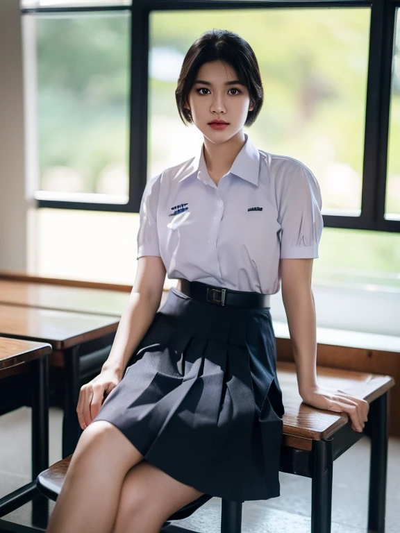 (photorealistic:1.4),Best quality, masterpiece, ultra high res, raw photo,rim  lighting,(cowboy shot) ,Thai classroom , 1girl,(mathayom uniform),white shirt short sleeves,(black pleated long skirt:1.2),short hair ,dramatic scene,sitting on chair , Pretty t...