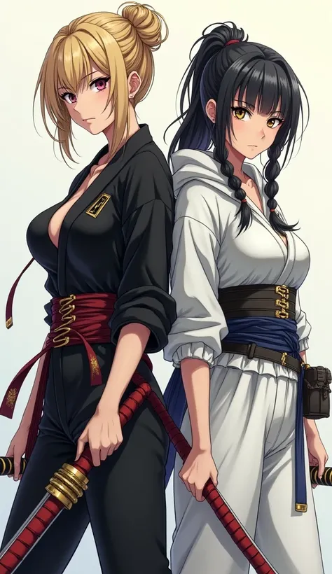 Two sexy women Anime,only 1 women martial artist Double Bun,Blonde Hair,,outfit black ,sexy and detailed design gold, and red weapon on the hands nunchucks 2woman ninja assassin sexy Low Twin Braids Black Hair hood white outfit and detail design blue silve...