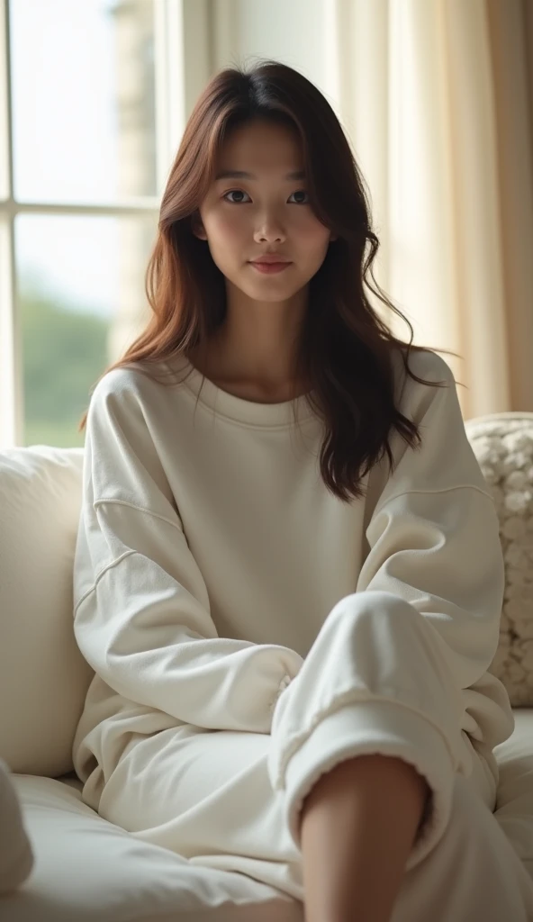  Focus and Silhouette of a Young Woman 、 white skin、Cute Japanese Face、Droopy eyes,Big Eyes、Eliminate round 、Shining Eyes、And a smile、Depict a woman in the distance , long dark brown silky hair edge 。 wear loose plain white long sweatshirts up to the knee、...