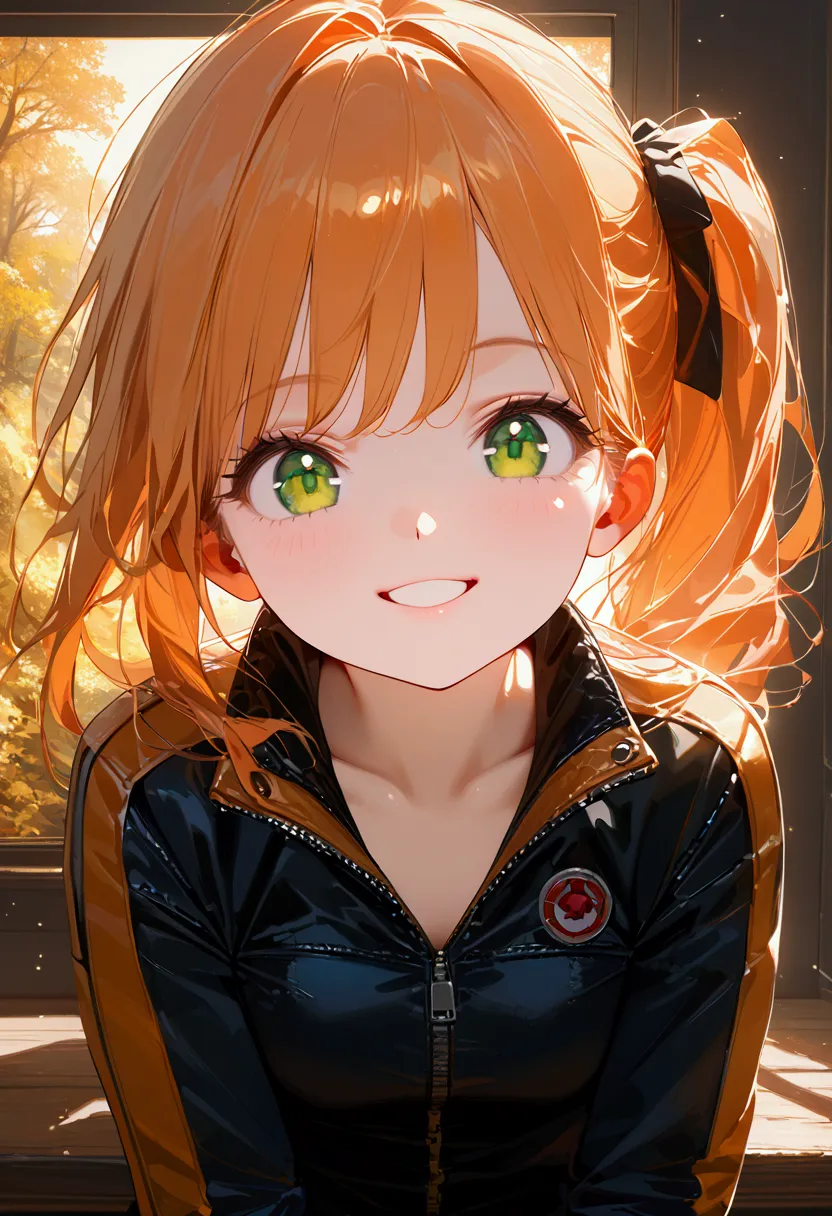 @タカヒロ, 1girl\(cute,orange hair,riders jacket,small breasts,shining green eyes, big eyes,side ponytail,,(big smile),beautiful smi...