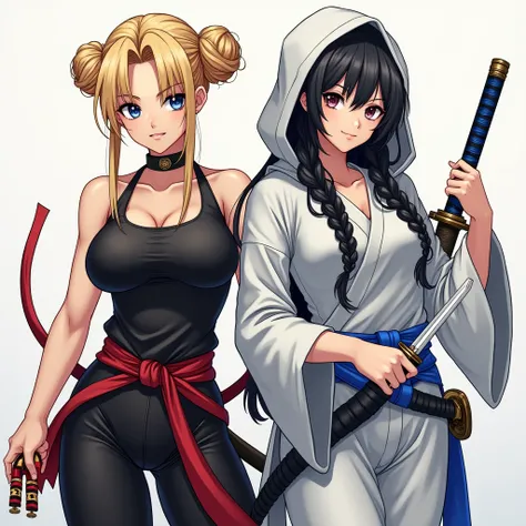 Two sexy women Anime,only 1 women martial artist Double Bun,Blonde Hair,,outfit black ,sexy and detailed design gold, and red weapon on the hands nunchucks 2woman ninja assassin sexy Low Twin Braids Black Hair hood white outfit and detail design blue silve...