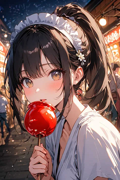 (masterpiece:1.2),( Japanese cartoon movie ),、girl、 cute 、 black hair 、 ponytail、headdress、비키니를 입은 girl、(( holding a candy apple in her hand)),Night Market、festivities、Summer Nights、 Light Production 、beautiful artwork、Detailed drawing 、 A scene from her y...