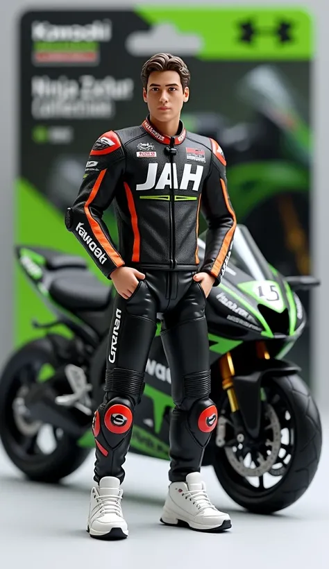 Create  image features a collection figure of a man wearing motorcycle racing jacket with name "JAH" written on the front jacket, with human like skin, white sneakers.cassually sitting on a Kawasaki Ninja ZX-6R motorcycle. The figure is standing in front o...