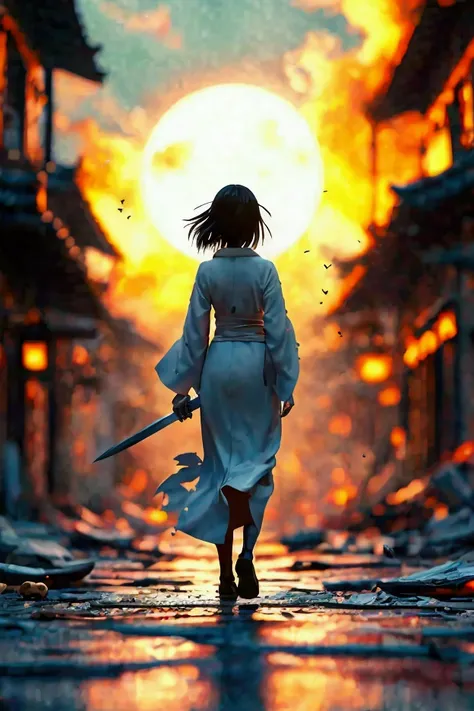 Kubo Taito、bleach 、 Kuchiki Rukia 、 black hair、female、grim Reaper、knife、Black kimono、 A white aura is wrapped around the body、 white light is flying around 、 The background is a ruined village ravaged by demons 、Its burning all over 、16k、 super high defini...