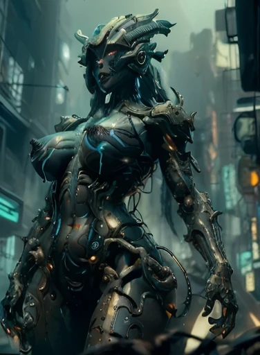  NSFW masterpiece ，（ is the best quality） Giant Cyberpunk Female Mechanical Titan ， Marbled Artificial Breasts Modified with Giant Mechanical Structural Modules ， Super Evolution Future Tech Titan ， Dark Sky and Ruined Underground City Night View， jeweled ...