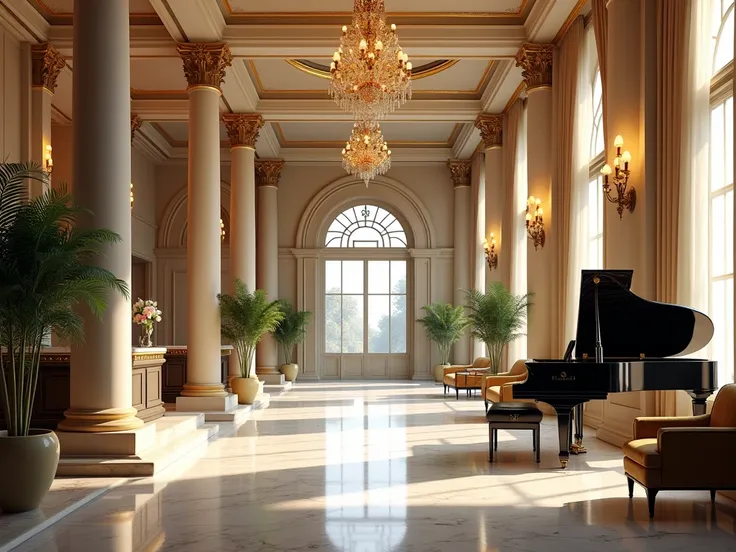  Act as if we were entering a hotel, Create the reception area and place a piano in the right corner of the image