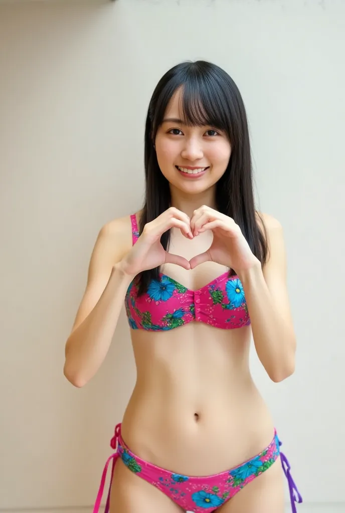 only one woman with a cute smile is wearing a bikini swimsuit, making a big heart shape with both hands, and holding it in front...