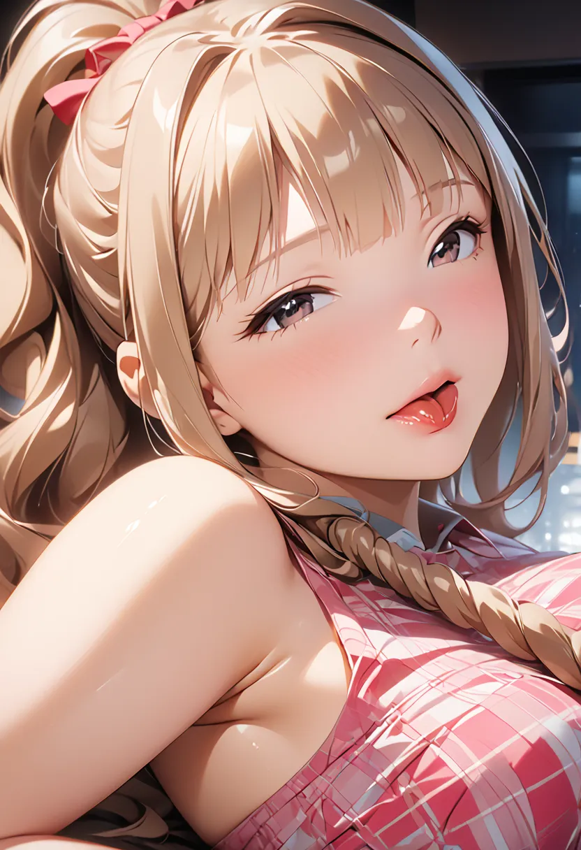 ((1 woman)), (Shibuya　Rin:1.3)， beautiful face,Dyed bright red, shiny pink lips,  on the bed,masterpiece,  best quality,  VERY BEAUTIFUL, up to date, Complex details, ,AI-generated, Complex, high definition ,  best quality,   super quality ,Blonde， ponytai...