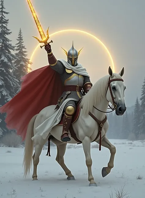 hero, epics , Ilya Muromets, Alyosha Popovich,  Russian knight ,  Slav , on sunrise = ode to the sun,  white cloak , chainmail,  metal ring armor ,  pointed helmet with gold wings on the sides,  helmet decoration gold wings ,  incarnation of the sun god , ...