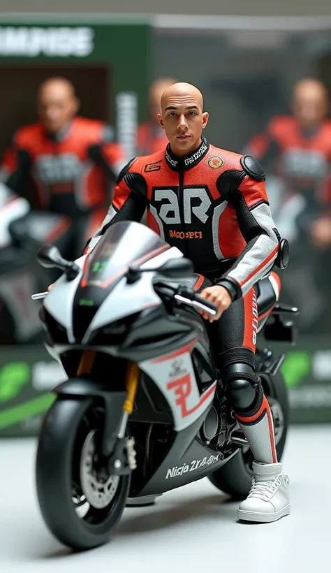 Create  image features a collection figure of a man wearing motorcycle racing jacket with name "JAH" written on the front jacket, with human like skin, white sneakers.cassually sitting on a Kawasaki Ninja ZX-6R motorcycle. The figure is standing in front o...